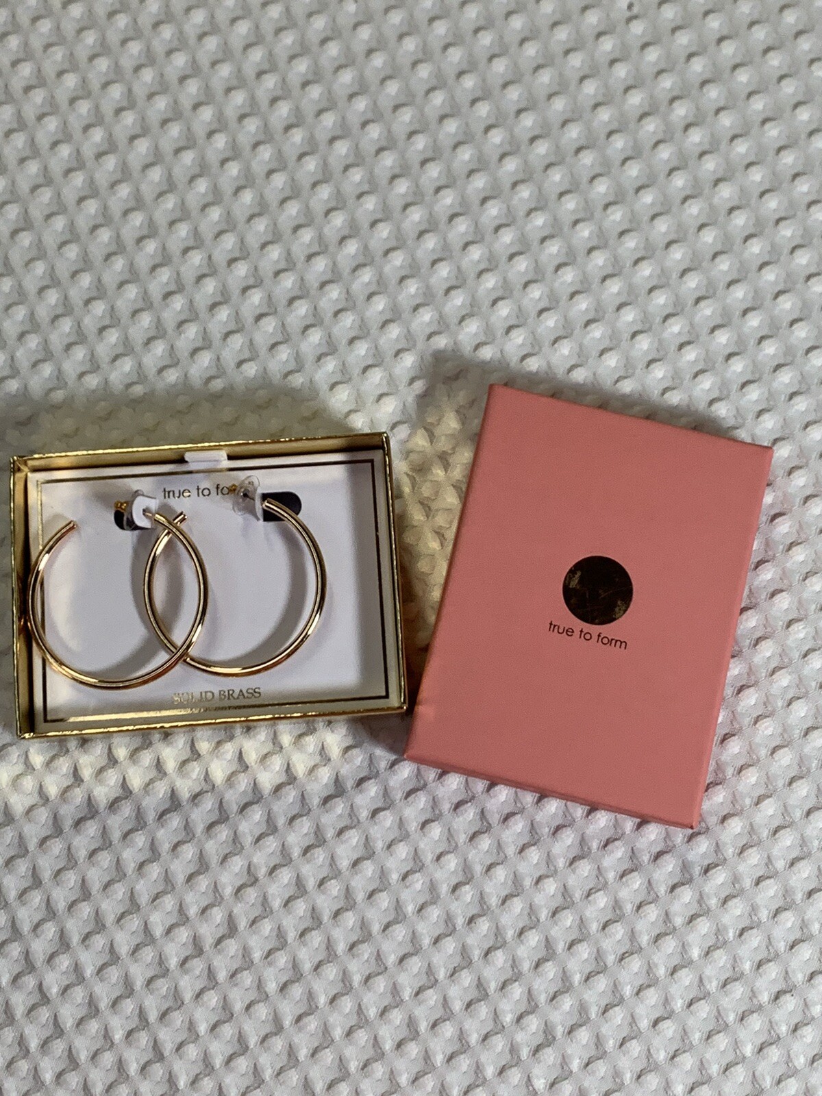True To Form Hoop Earrings Solid Brass 2 1/8″ Diameter . New in Box