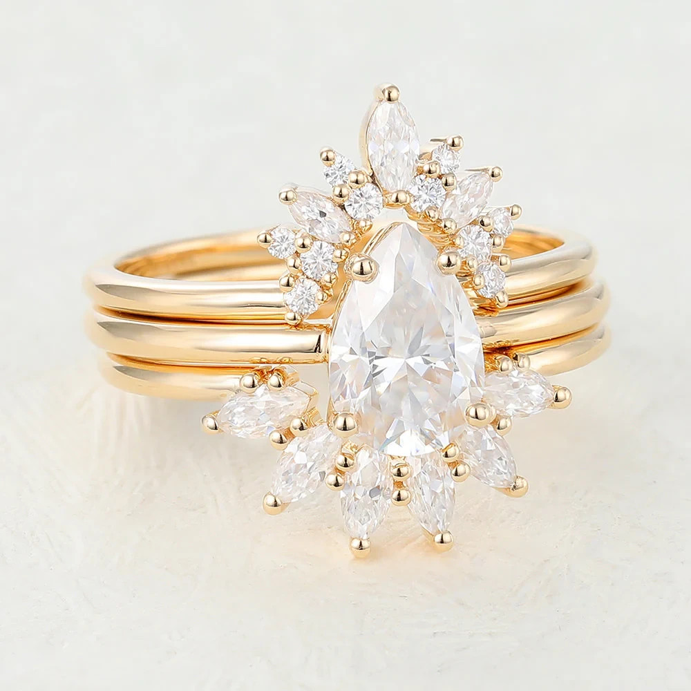 2CT Pear Lab Grown Diamond Solitaire Engagement Bridal Ring Set 14k Yellow Gold