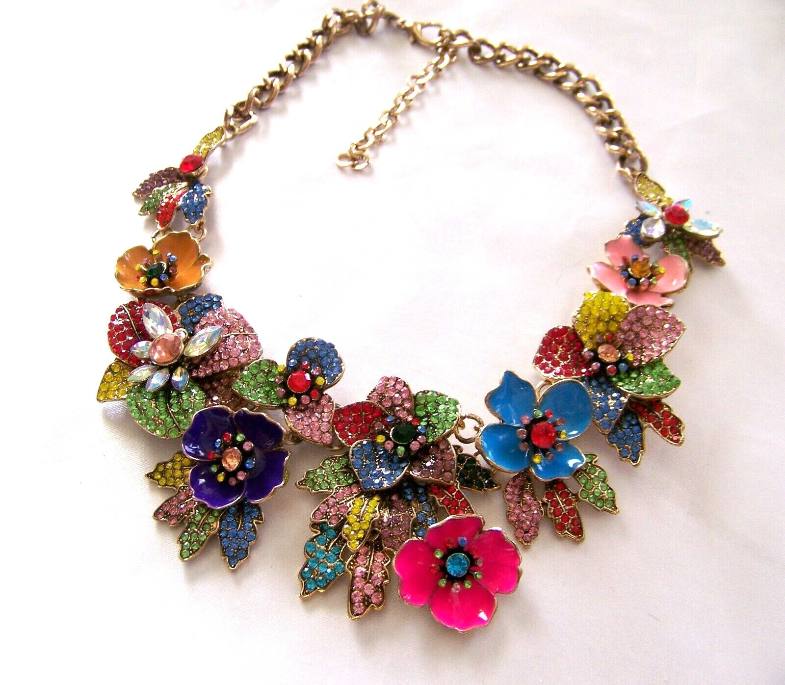 MULTI COLOR FLORAL BOUQUET VTG Style Pave Rhinestone Enamel Bib Necklace