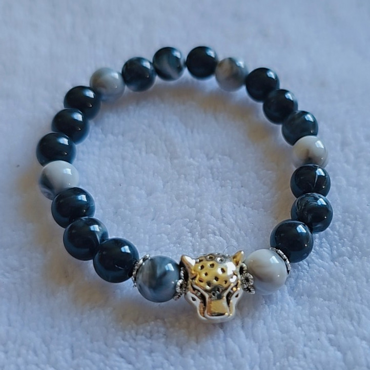 Gray Black & Gold Round Beaded Stretch Bracelet, Slip-On Leopard Charm