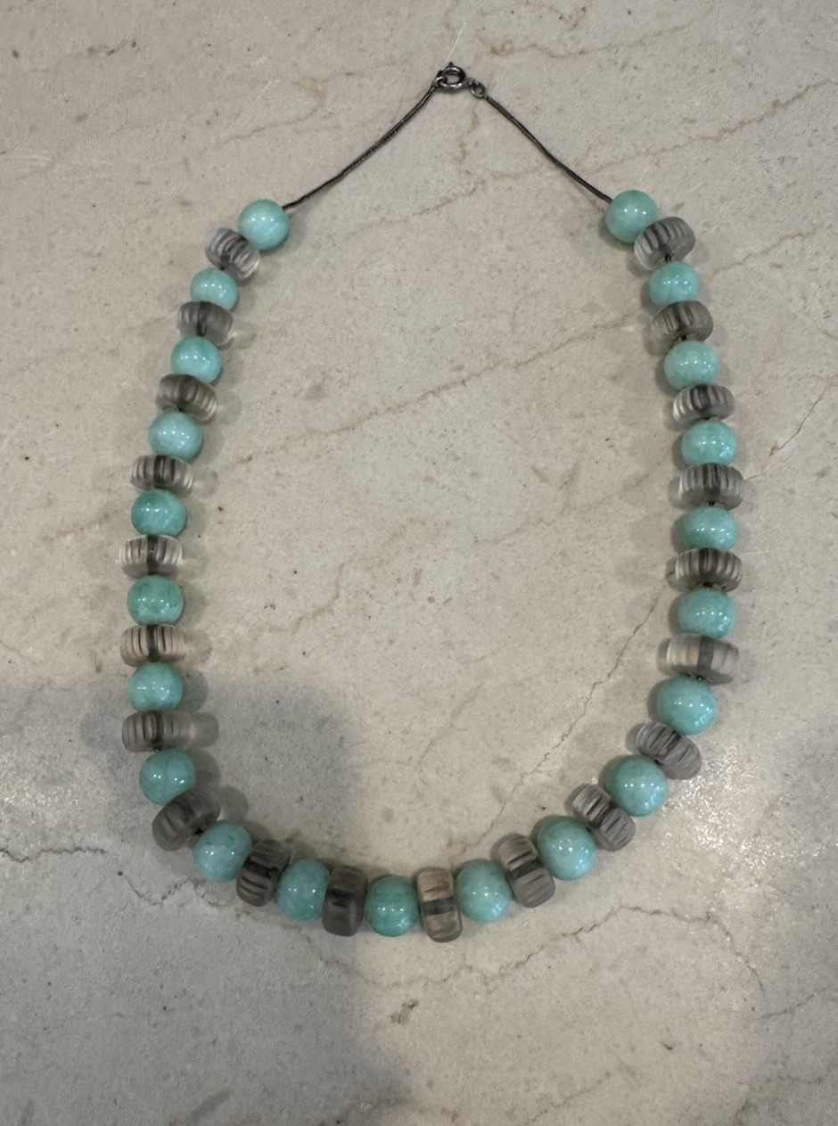 Vintage Necklace, Jade and Crystal Beads Strung On a Metal Metal Cord.