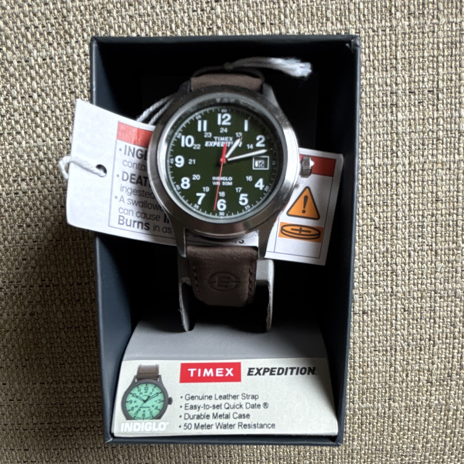 Timex Expedition Men’s Green Dial Brown Leather Strap 40mm Quartz Date 50m