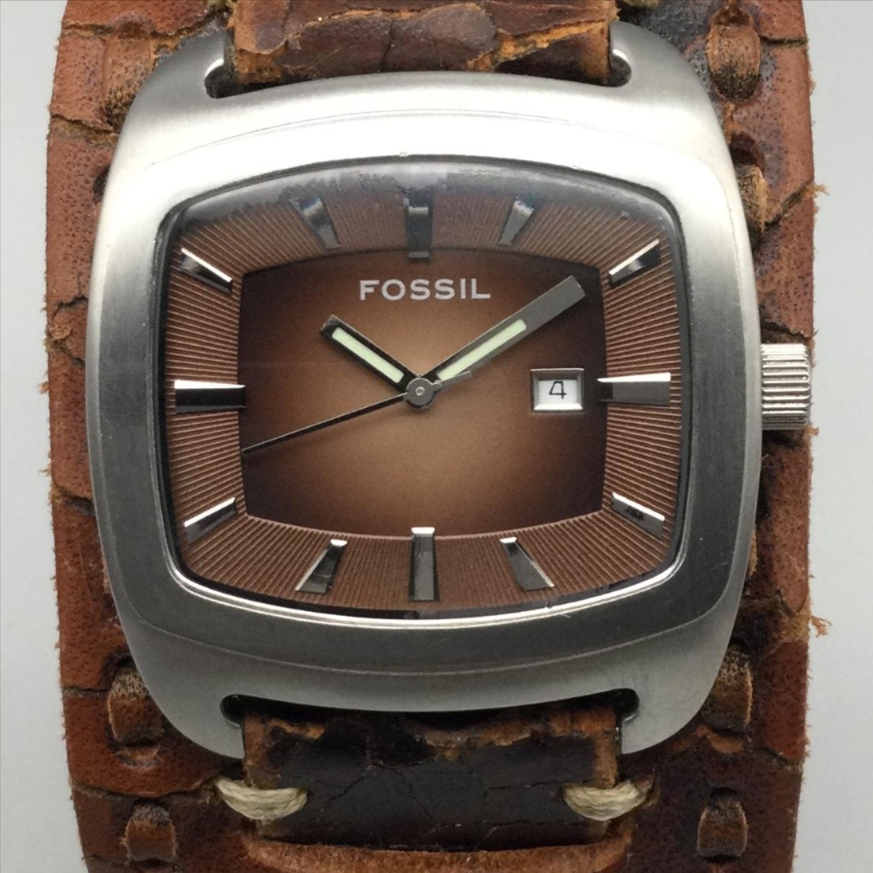 Fossil Mens Watch 38mm Brown Dial Leather Cuff Wide Band Date New Battery