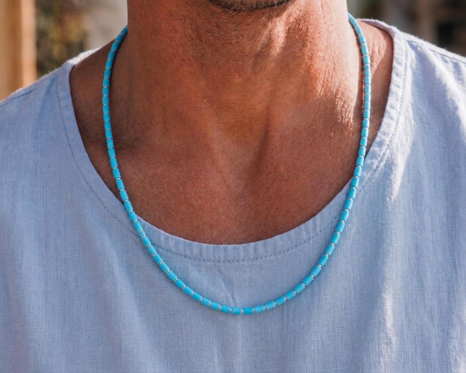 Arizona Turquoise Necklace | 4x6mm Blue Gemstone Beads | Sterling Silver, Unisex