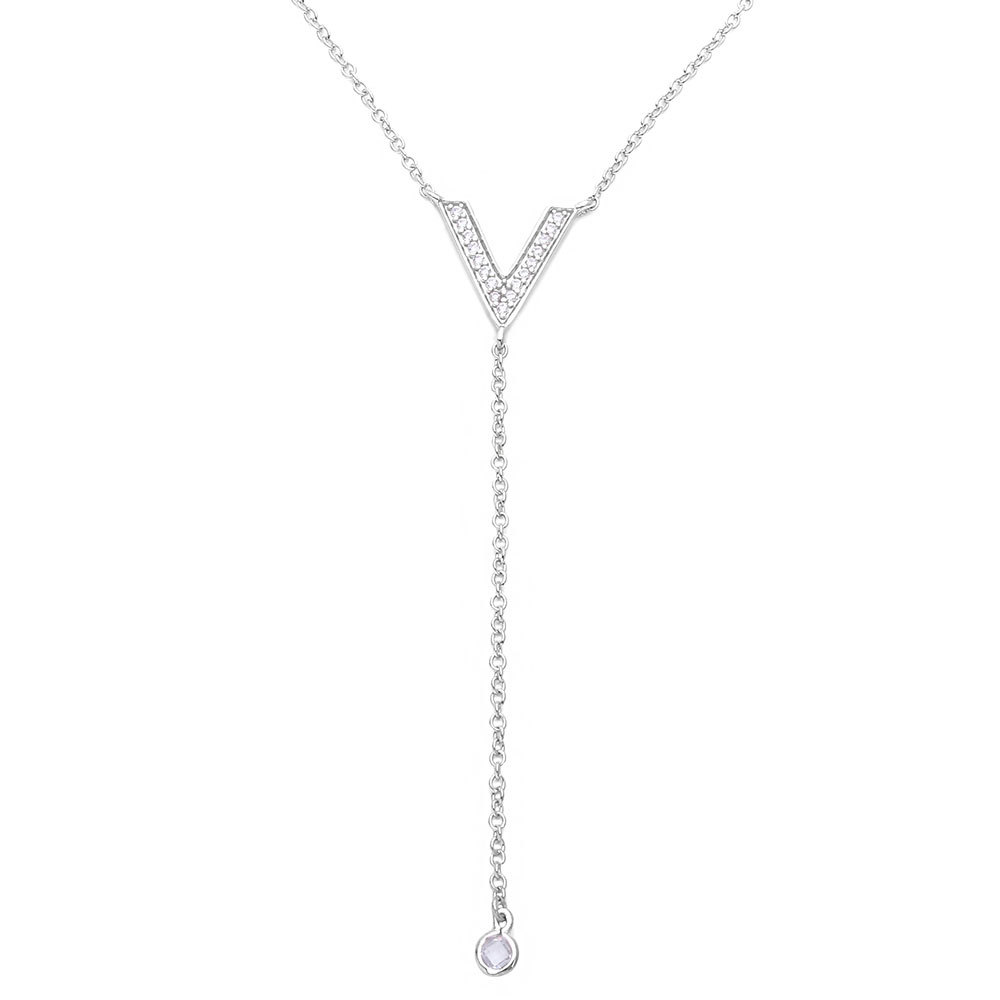 V-SHAPE DROP NECKLACE W/ LAB ACCENTS/ 925 STERLING SILVER /CHAIN 16-18”