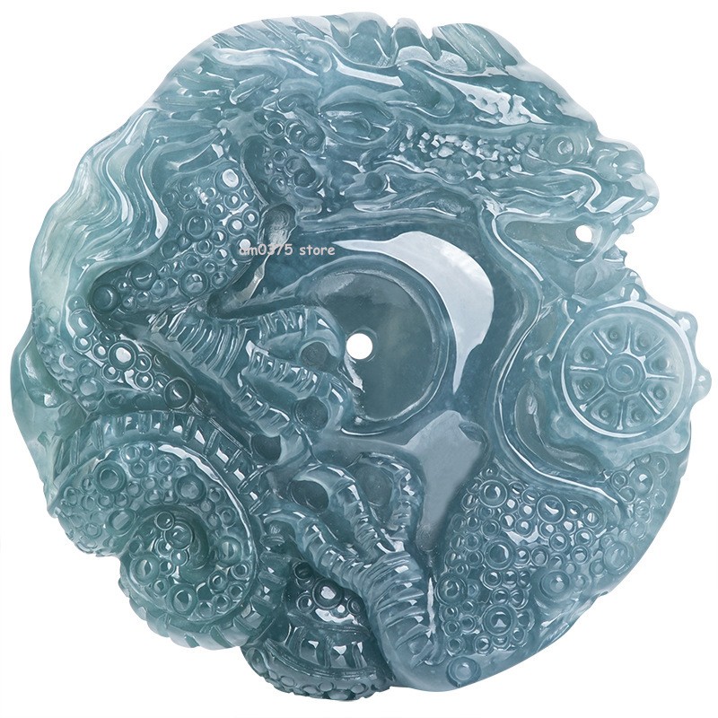 Natural Grade A Jade Jadeite Blue Water Ice Species Circle Zodiac Dragon Pendant