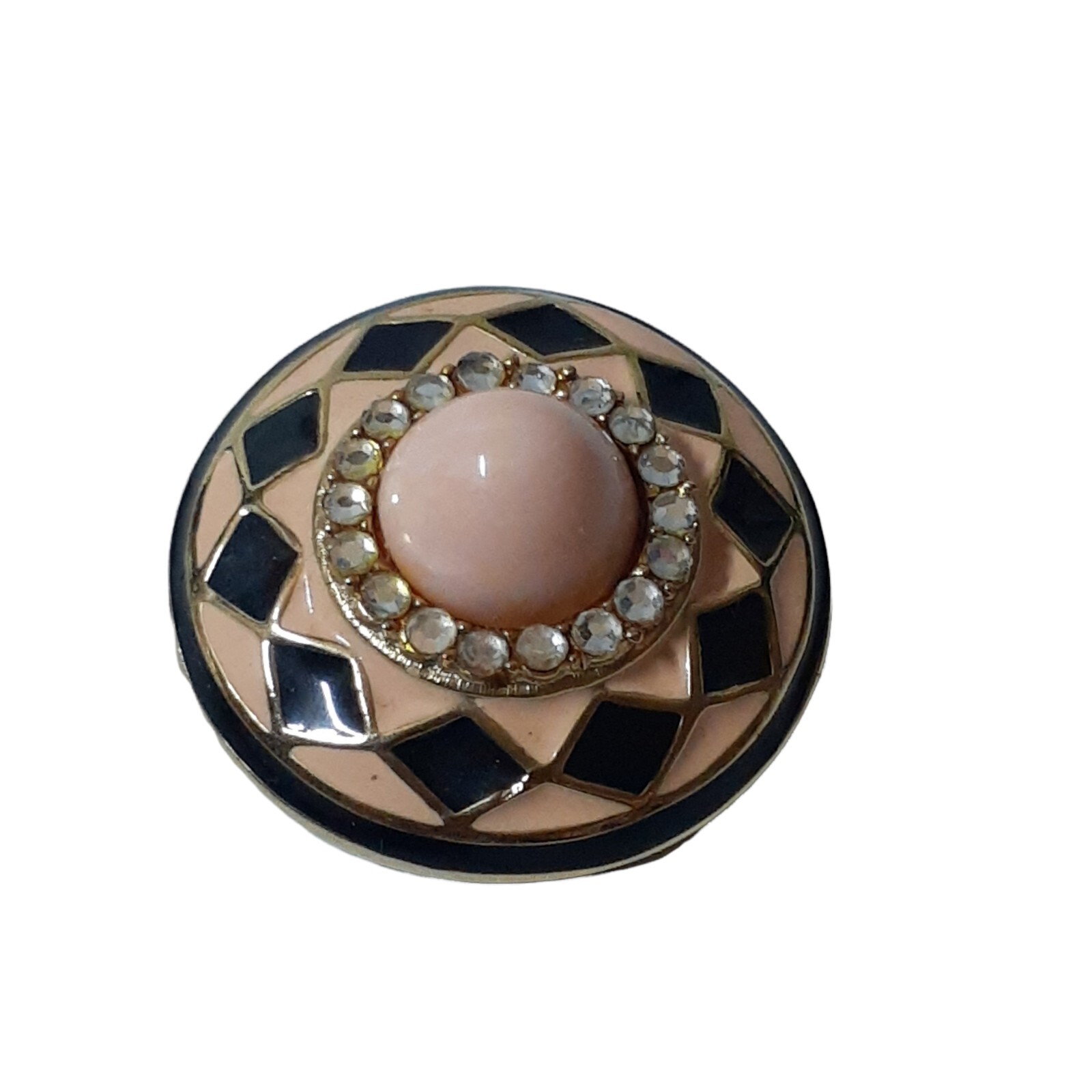 Vtg Brooch Pink Enameled Round Hat Brim Rhinestone Brown Diamond Shape Pattern