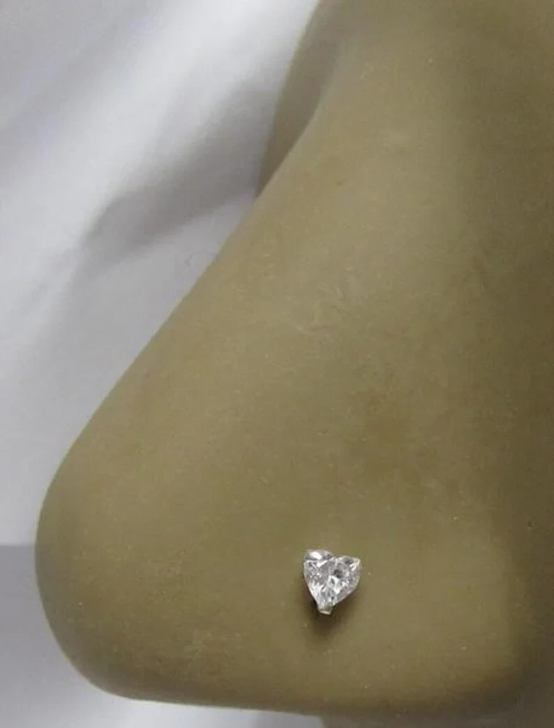 Heart Cut Real 0.10Ct Diamond Helix Tragus Nose Stud Piercing Pin 14K White Gold