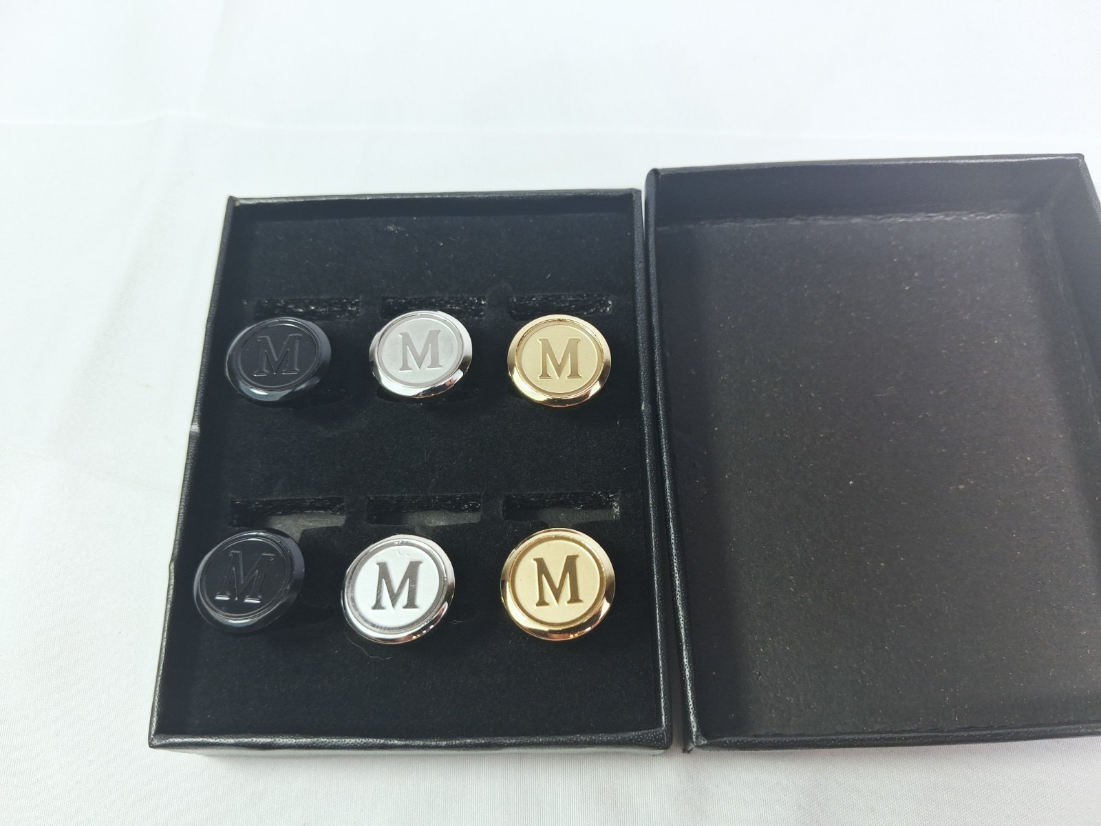6 Pc Monogram Letter M Cufflinks Set Black Silver Gold Tone Round Cuff Links