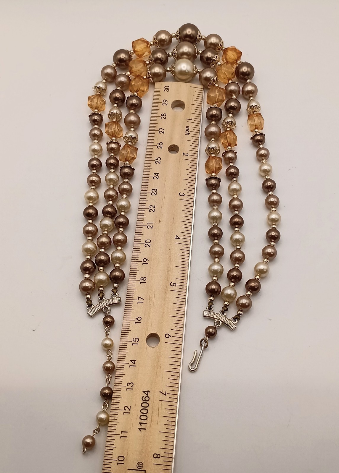 Vintage 3 Strand Faux Pearl Necklace Amber Glass Beads Japan Signed Mid Century