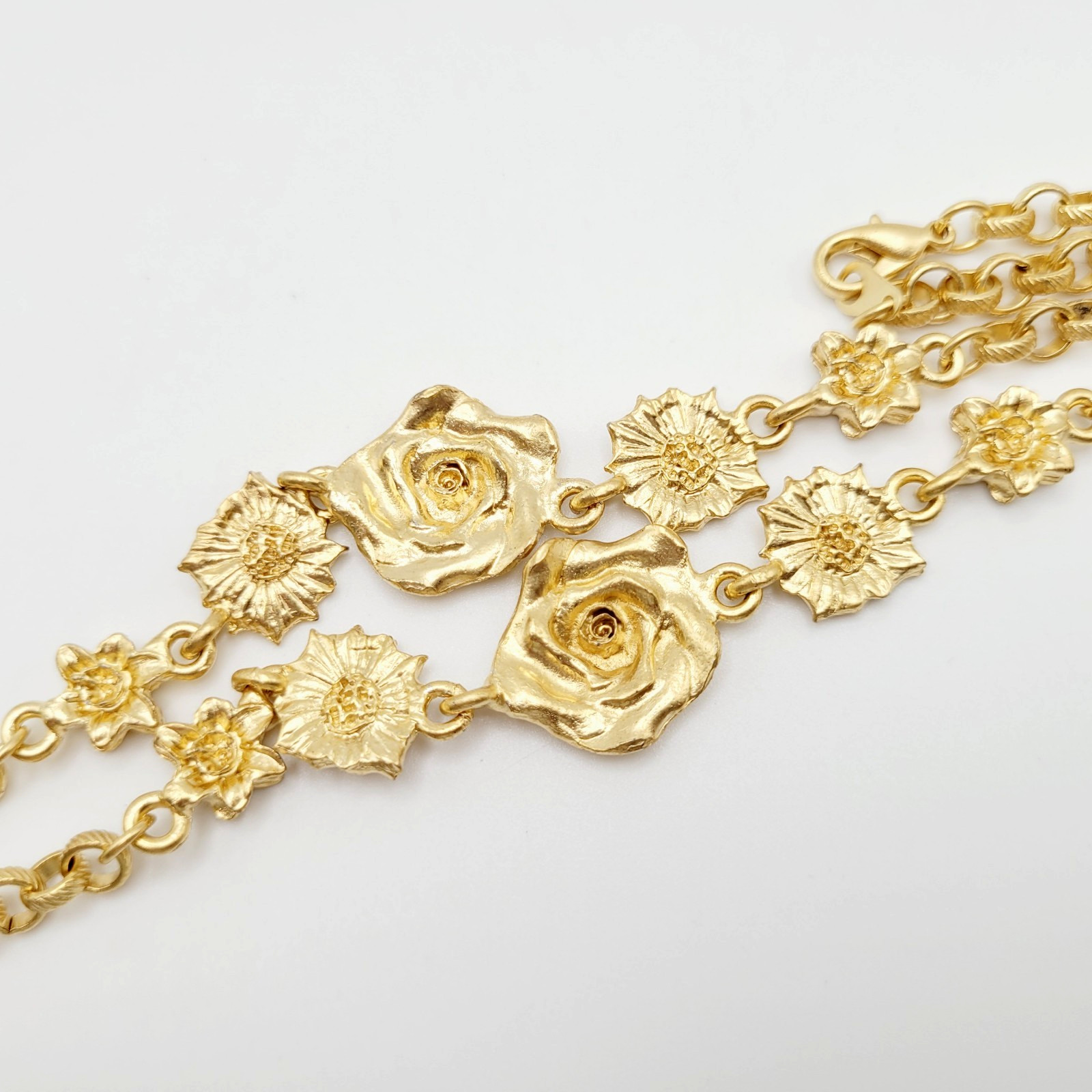 Unique Rose Floral Station Style Bright Gold Tone Sautoir Vintage Necklace Korea