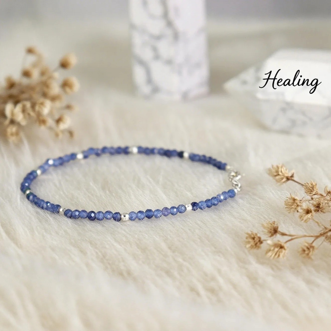 2mm Blue Sapphire Gemstone Beads Delicate Minimalist Healing Woman Bracelet Gift