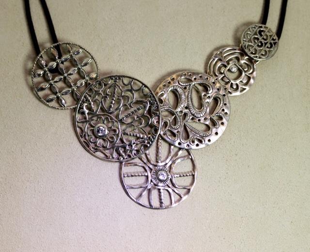 Silpada 925 & Leather Pierce Work CZ Disc Pendant Necklace 18” – 10740