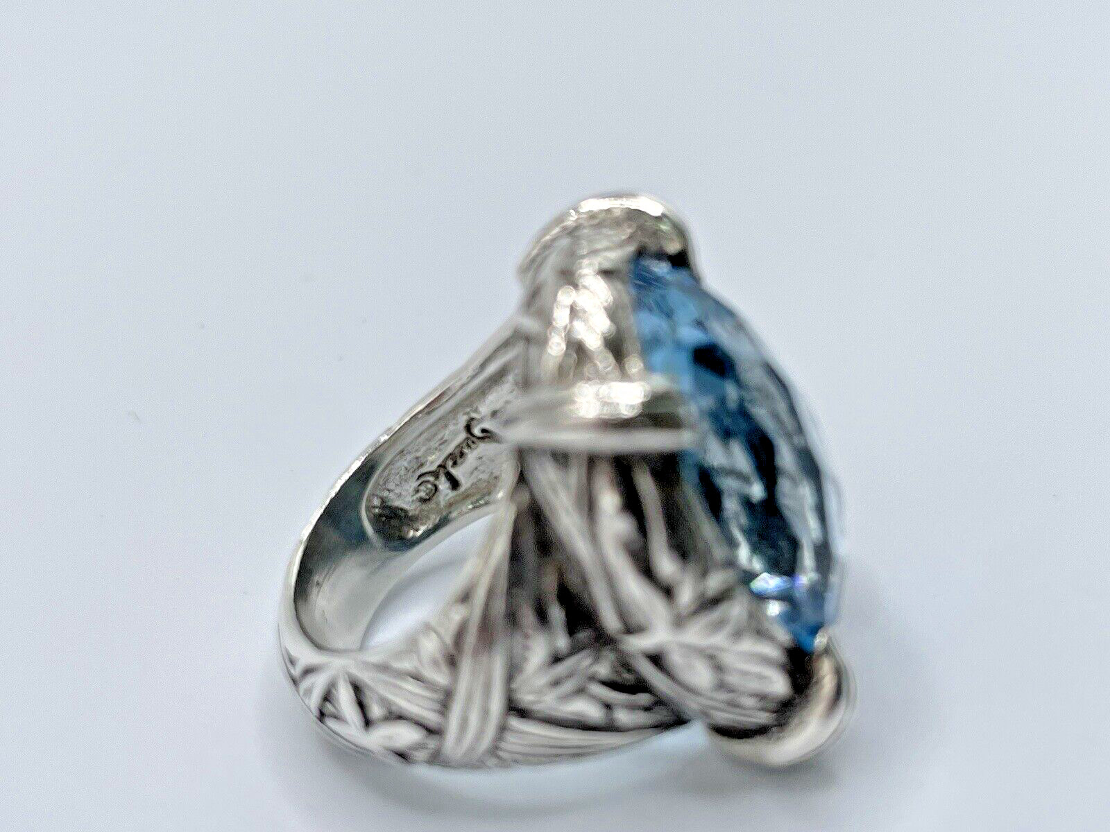 Stephen Dweck Faceted Blue Topaz Ring in Engraved Sterling Silver