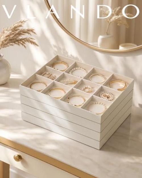 Stackable Jewelry Tray, Drawer Organizer fors | Wide Sections, Bracelet Beige