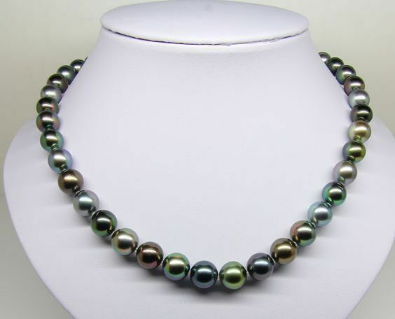 18″8-9mm south sea genuine black multiclor pearl necklace round 14k