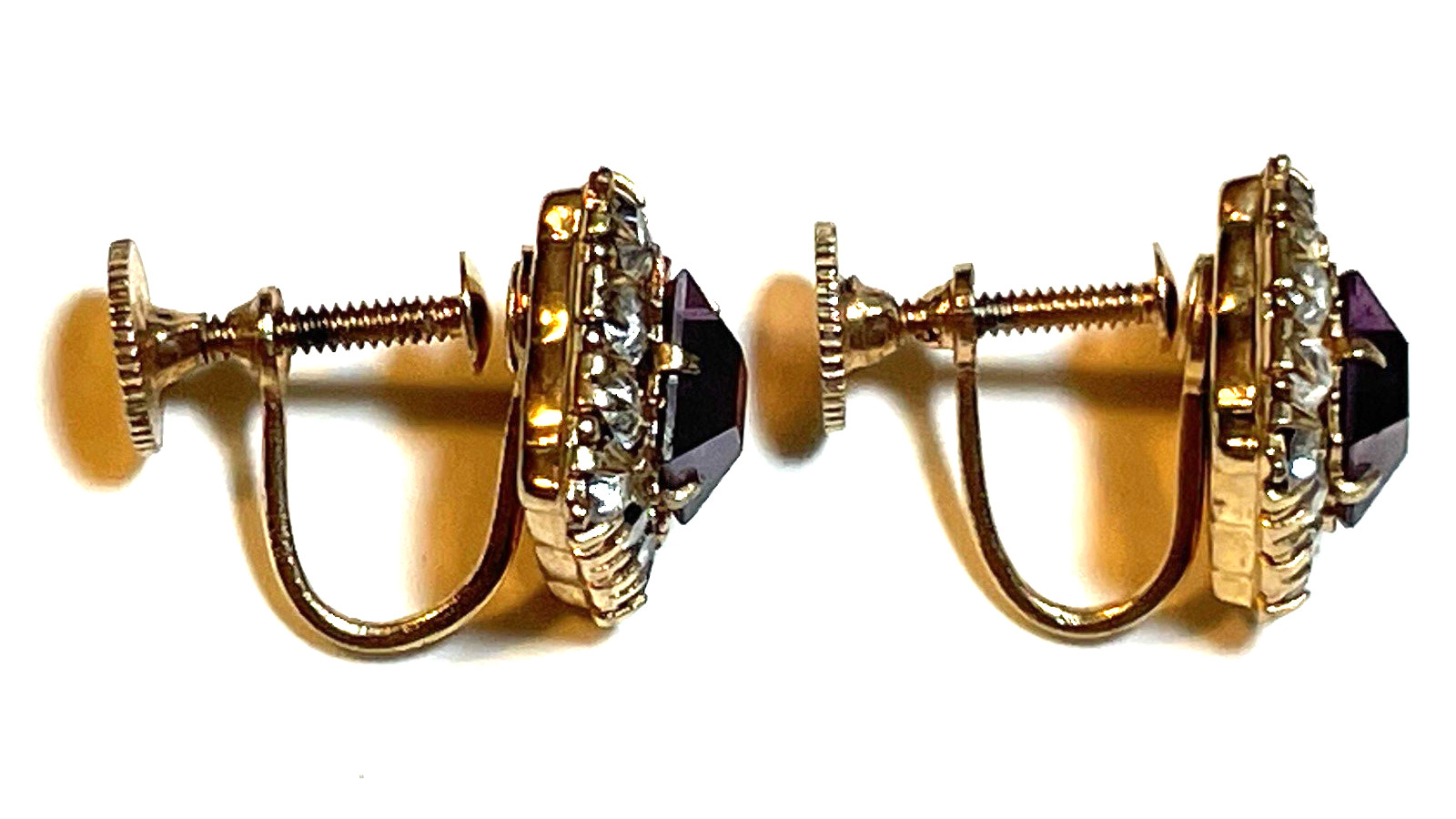 VTG PR VARGAS MANUFACTURING CO. AMETHYST & CLEAR RHINESTONE EARRINGS CIRCA 195Os