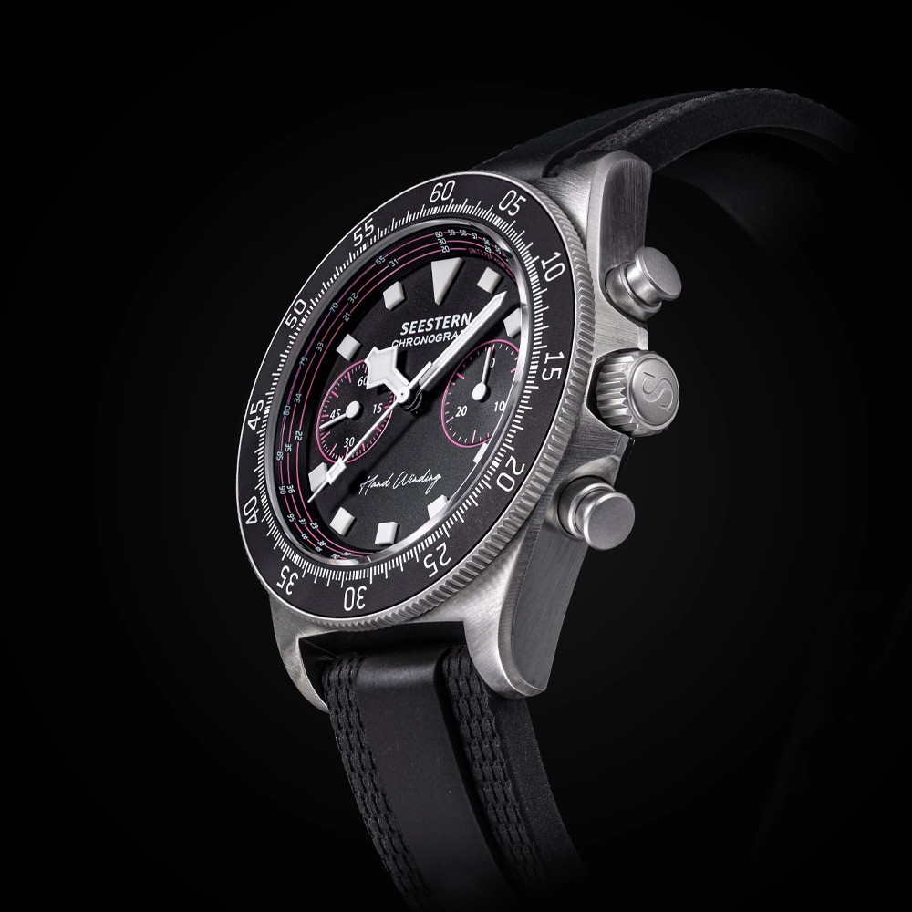 Seestern S443 Mechanical Chronograph Steel Black Pink Rubber Sapphire Men’s Watch