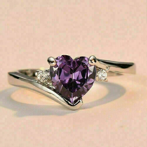 2Ct Heart Cut Lab Created Amethyst Women’s Engagement Ring 14K White Gold Finish