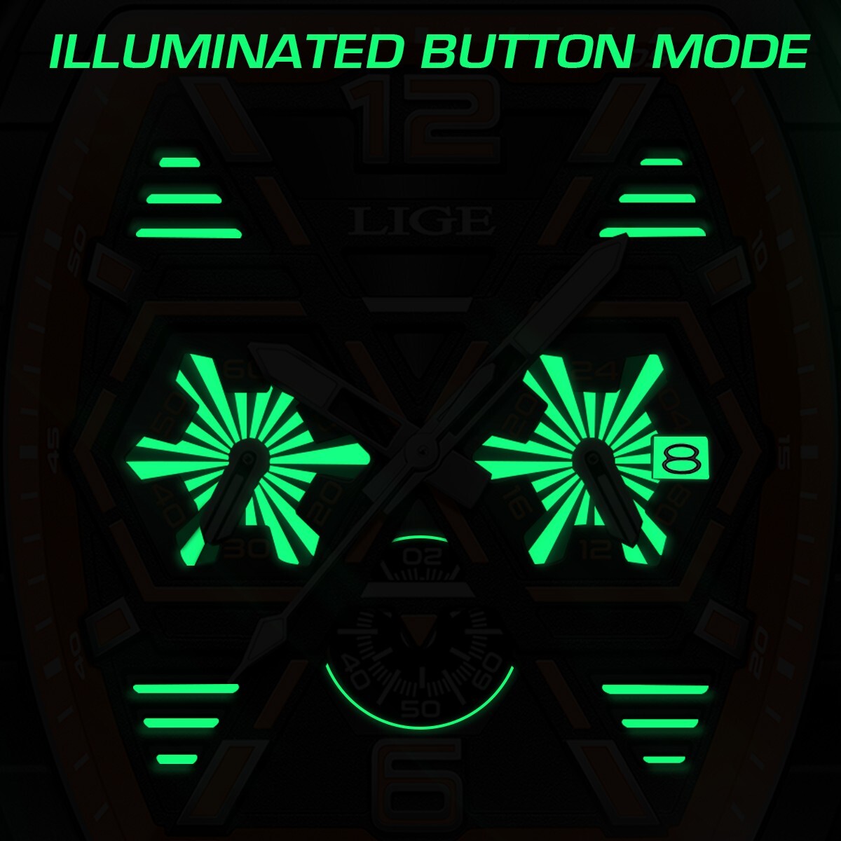 LIGE Men Watch Quartz Date Luminous Big Dial Waterproof Multifunction Wristwatch