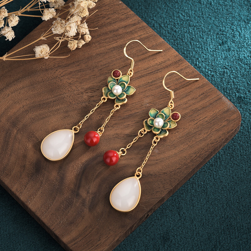 Chinese Style Retro Vintage Hetian Jade Cloisonné Earrings Women Retro Jewelry