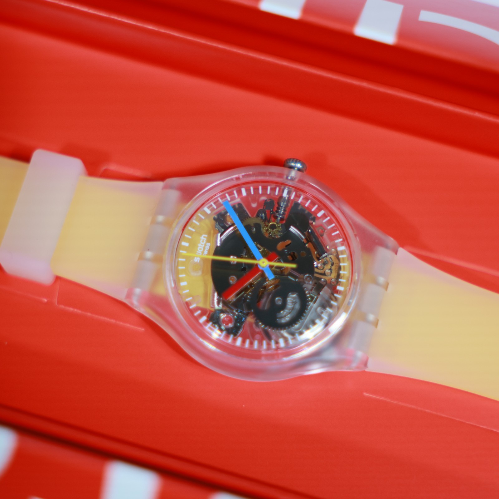 New Limited Swiss Made SWATCH GE291 Clearly Yellow Striped 34MM Transparent