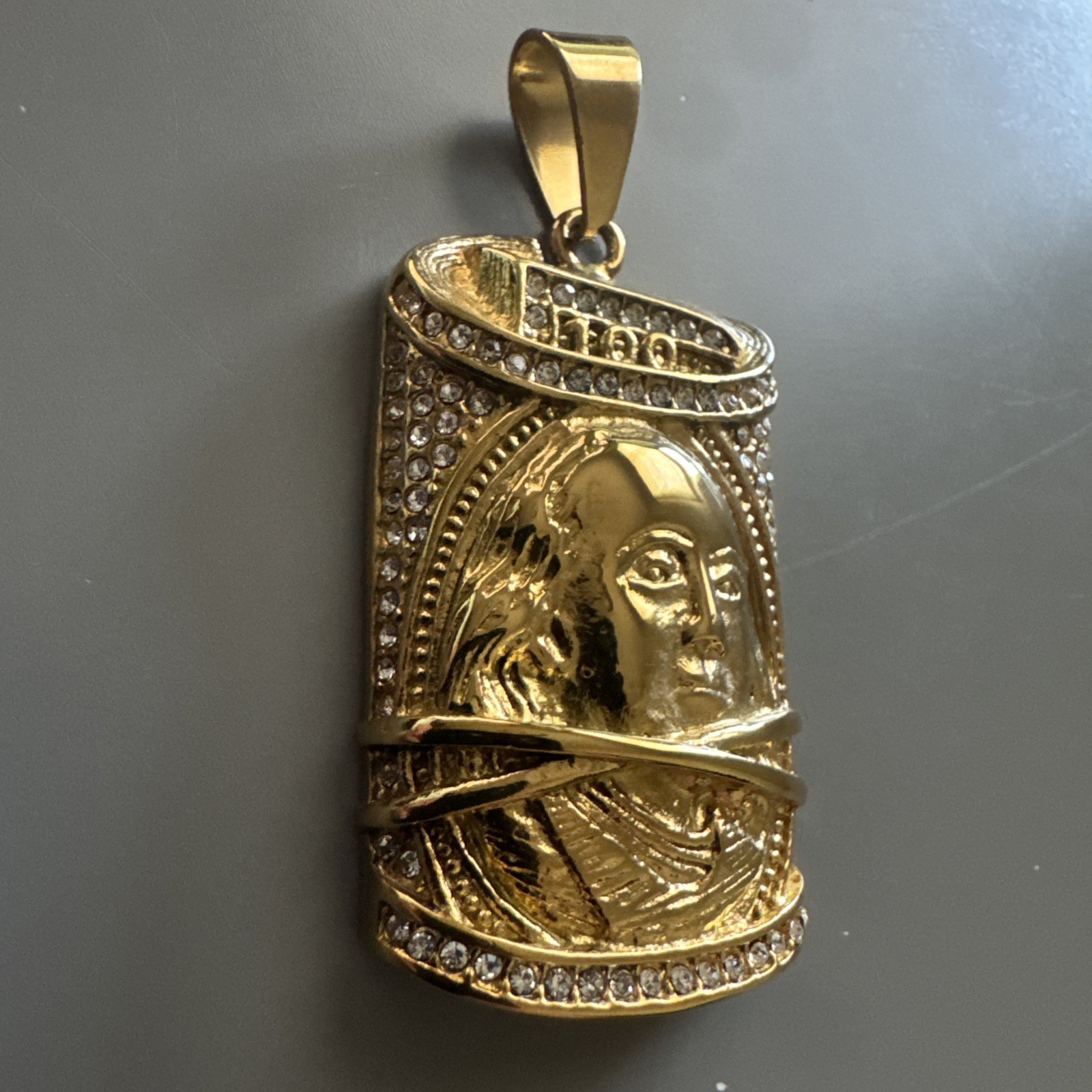 $100 Bill Pendant Gold Cubic Zirconia 24” Chain Hop Hop Money Dollar Franklin