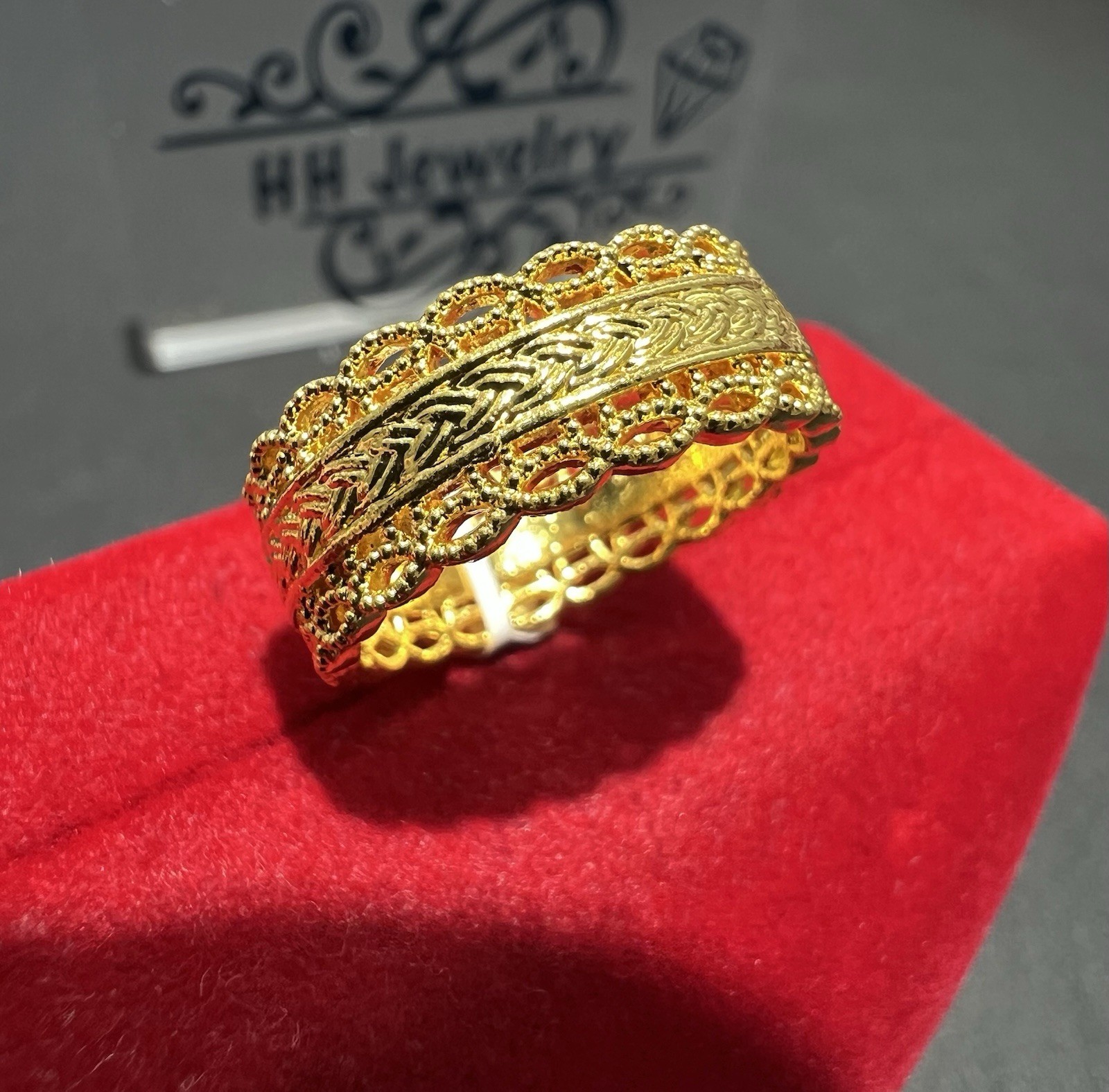 24K Yellow Gold Hollow Wide Diamond Cut Infinity Eternity Ring Band