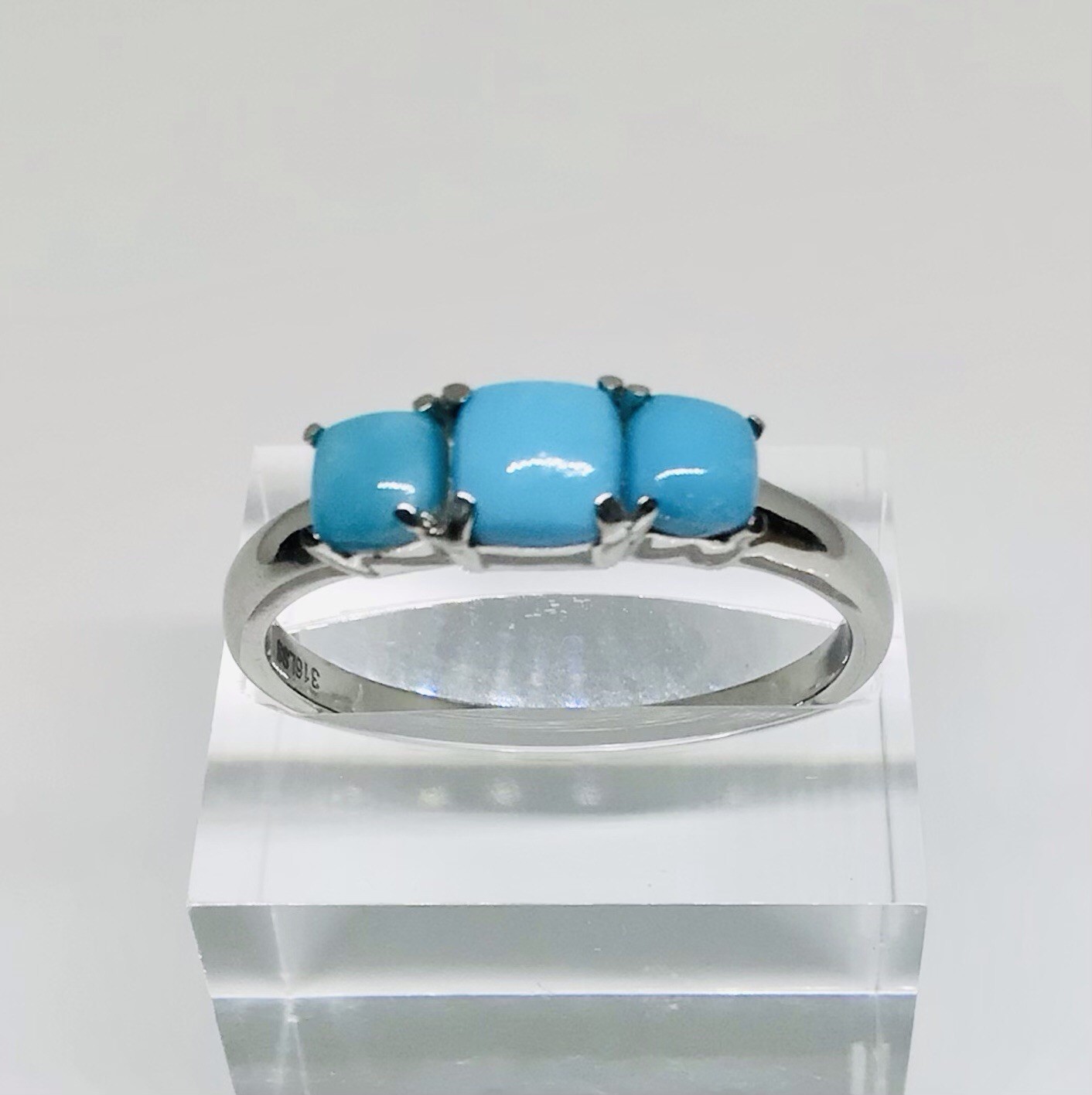 Three-Stone Cushion Sleeping Beauty Turquoise Pure Stainless Steel Ring SZ 10