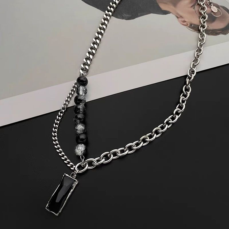 Black White Bead Necklace Stainless Steel Silver Unisex Gothic Y2K Stack Pendant