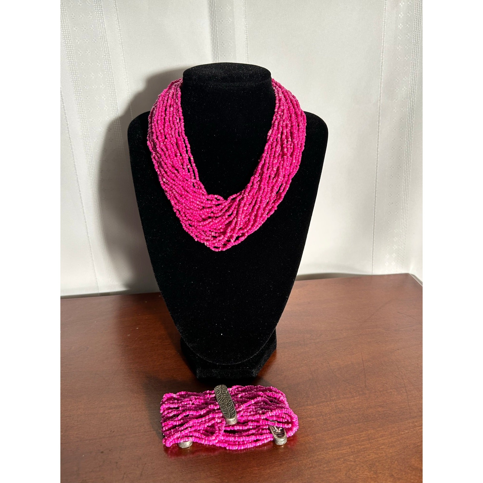 Vintage 36″ Pink Multi Strand Necklace & Stretch Bracelet Set Metal Accents