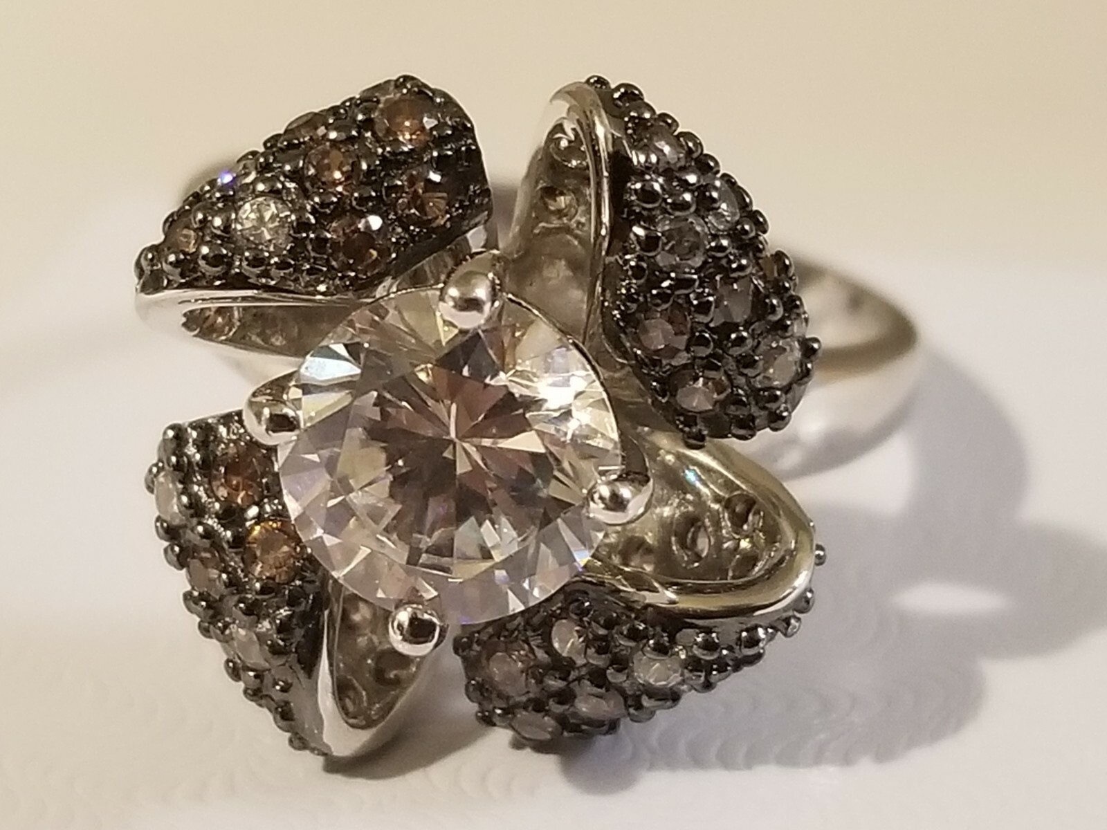 White & Brown Cubic Zirconia Sterling Silver & White Gold Plated Ring Size 9