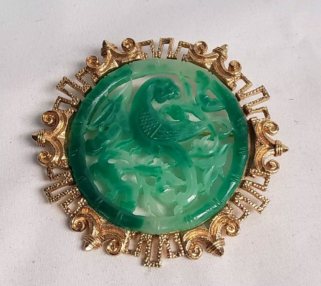 ANTIQUE RARE VENDOME EARLY 1960’s HUGE ASIAN FAUX JADE PHOENIX BROOCH PIN 3″