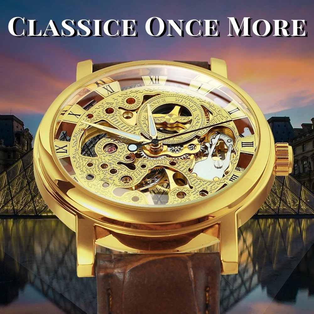 Jacob Transparent Gold Skeleton Mechanical Watch Casual Leather Strap Men