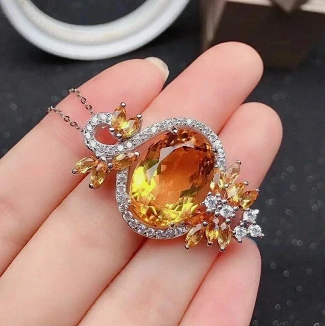 Lab Created Citrine 3.00Ct Oval Cut Designer Pendent 14K White Gold Plated 18”