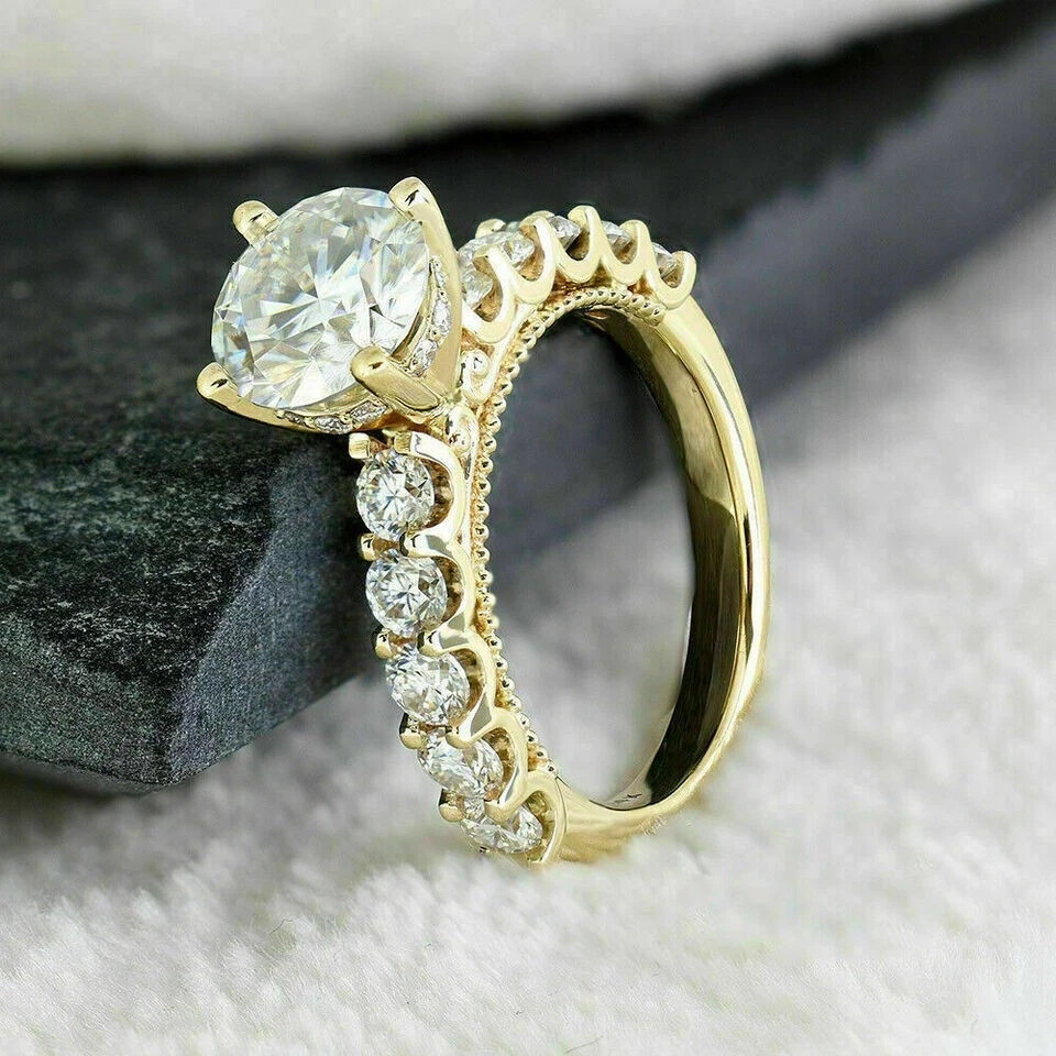 14K Yellow Finish Diamond 2.50Ct Round lab created Engagement Women’s Ring