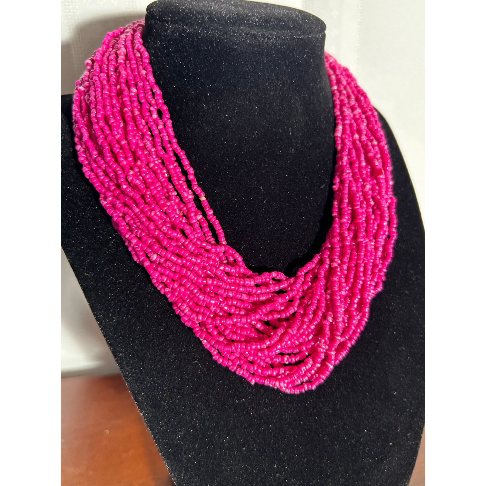 Vintage 36″ Pink Multi Strand Necklace & Stretch Bracelet Set Metal Accents