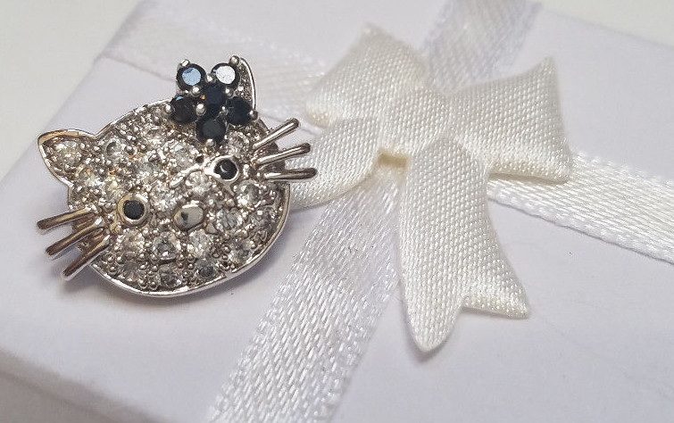 HELLO KITTY 925 GENUINE STERLING SILVER CZ ONYX LADIES DESIGNER BROOCH PIN NEW
