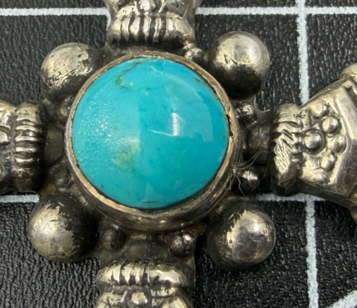 Vintage Southwestern Style Sterling Silver Turquoise Cross Pendant 3cm x 2.5cm