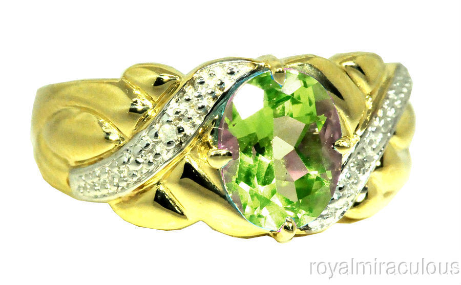 Rylos 925 Gold Plated SilverRing Simulated Peridot & Diamond 9X7MM