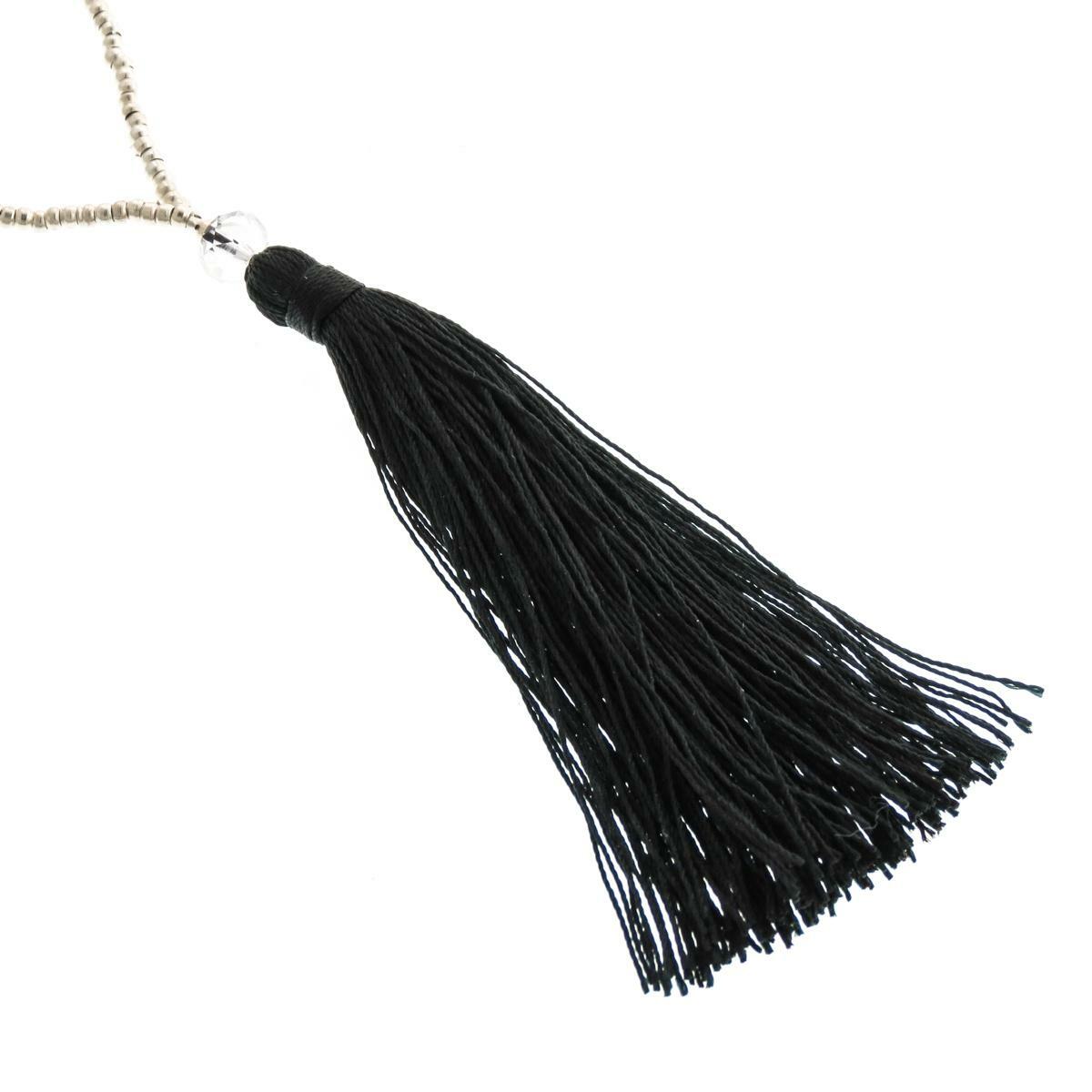 Long Beaded Black And Silver Beads With Tassel Pendant Necklace, 32″