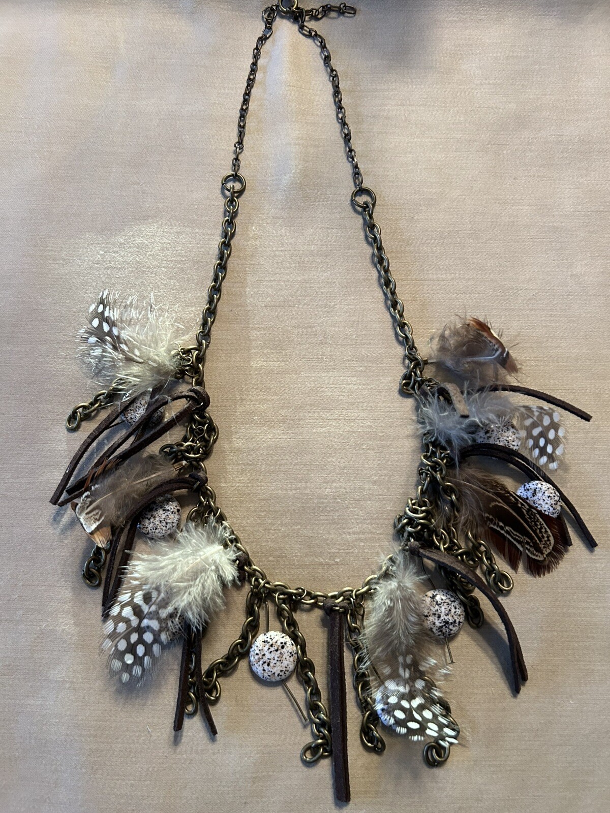 Boho Feather Stone Necklace Bronze Tone Chain Gold Tone Dangle Feather Earrings