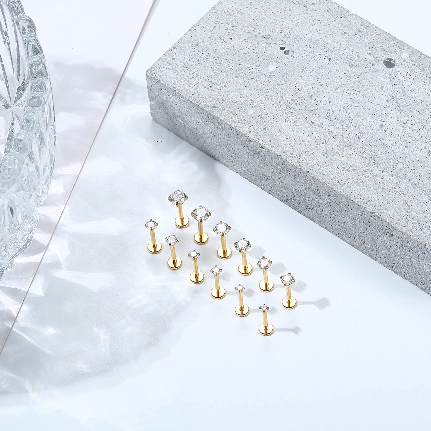 3 pc 20g 18g 16g Push Threadless Gold Steel Nose Stud Labret Tragus Lip Ear Ring