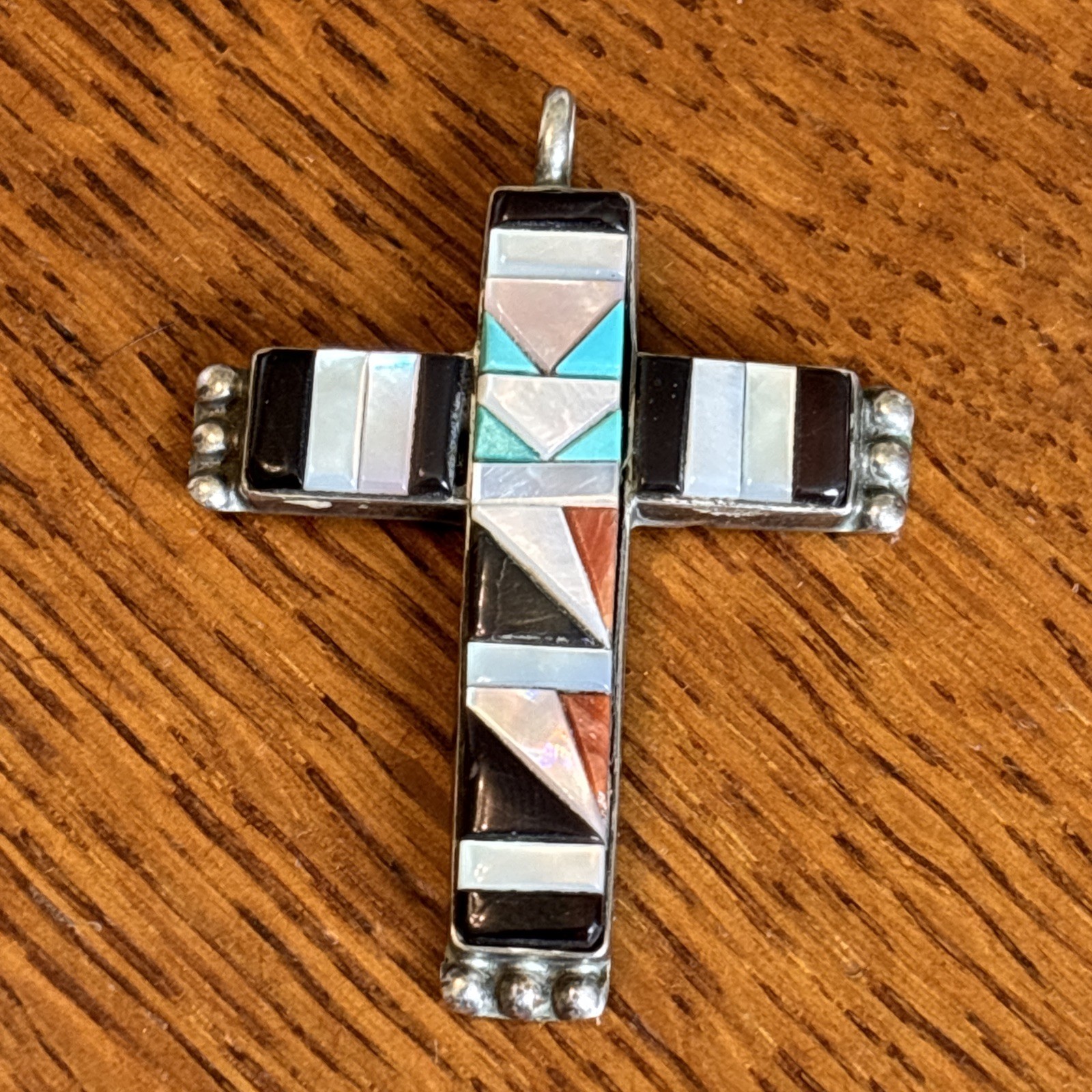 C C Zuni Cross Pendant Sterling Silver Vintage Superb Cobblestone Turquoise Wz