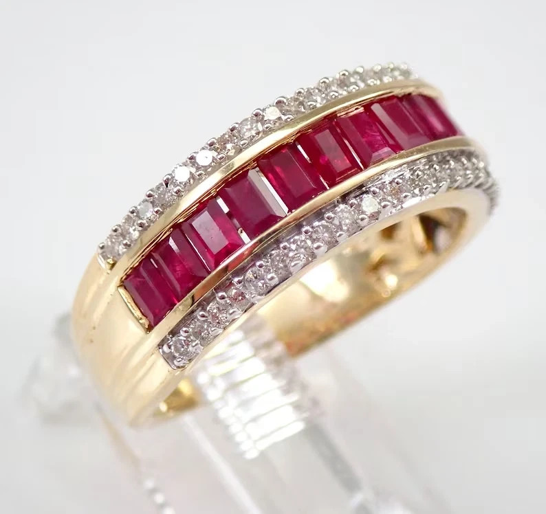 3.00 Ct Emerald Cut Natural Ruby & Diamond Wedding Ring 14K Yellow Gold