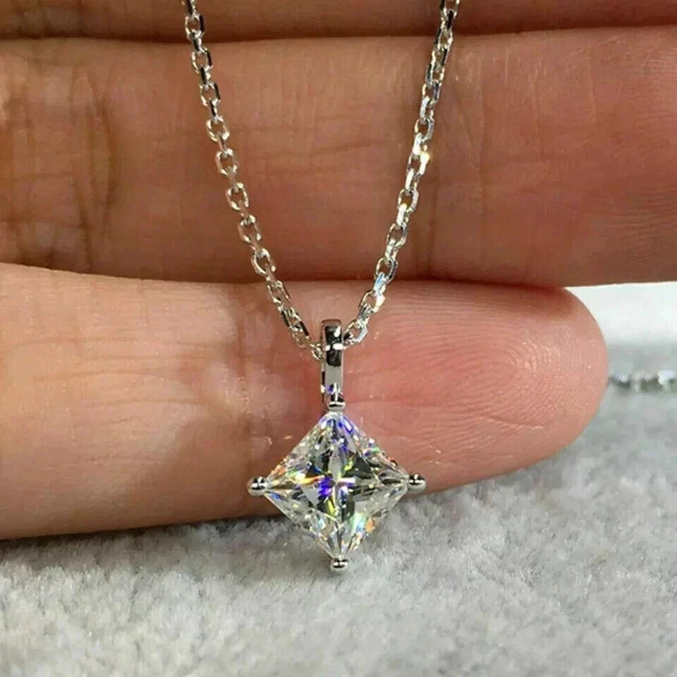 2Ct Princess-Cut Moissanite 18” Chain Solitaire Pendant 14K White Gold Plated