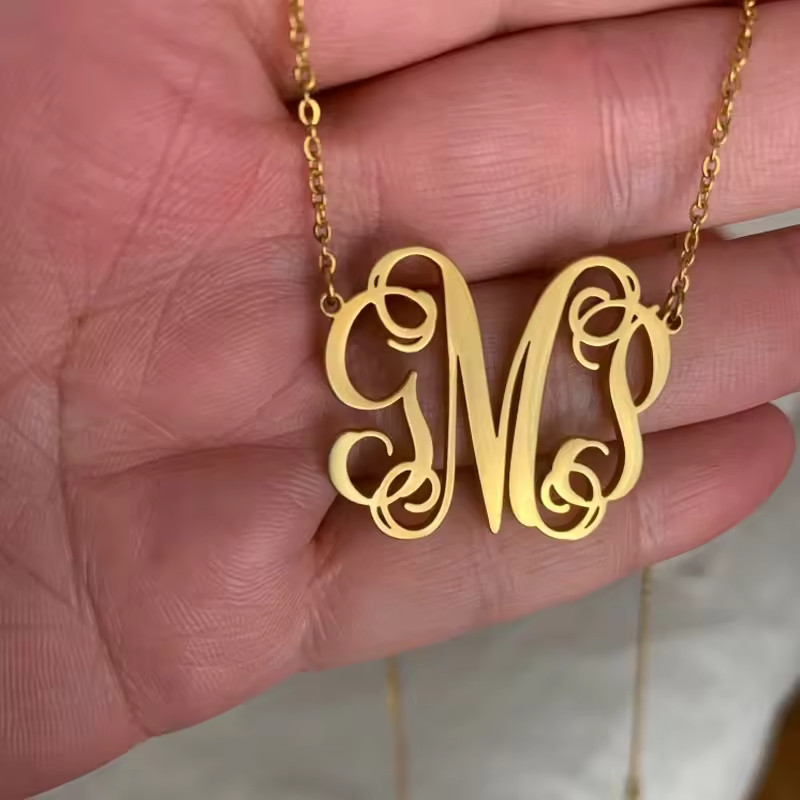 Custom Monogram Necklace Name Initials Pendant Personalized Jewelry Gold Silver