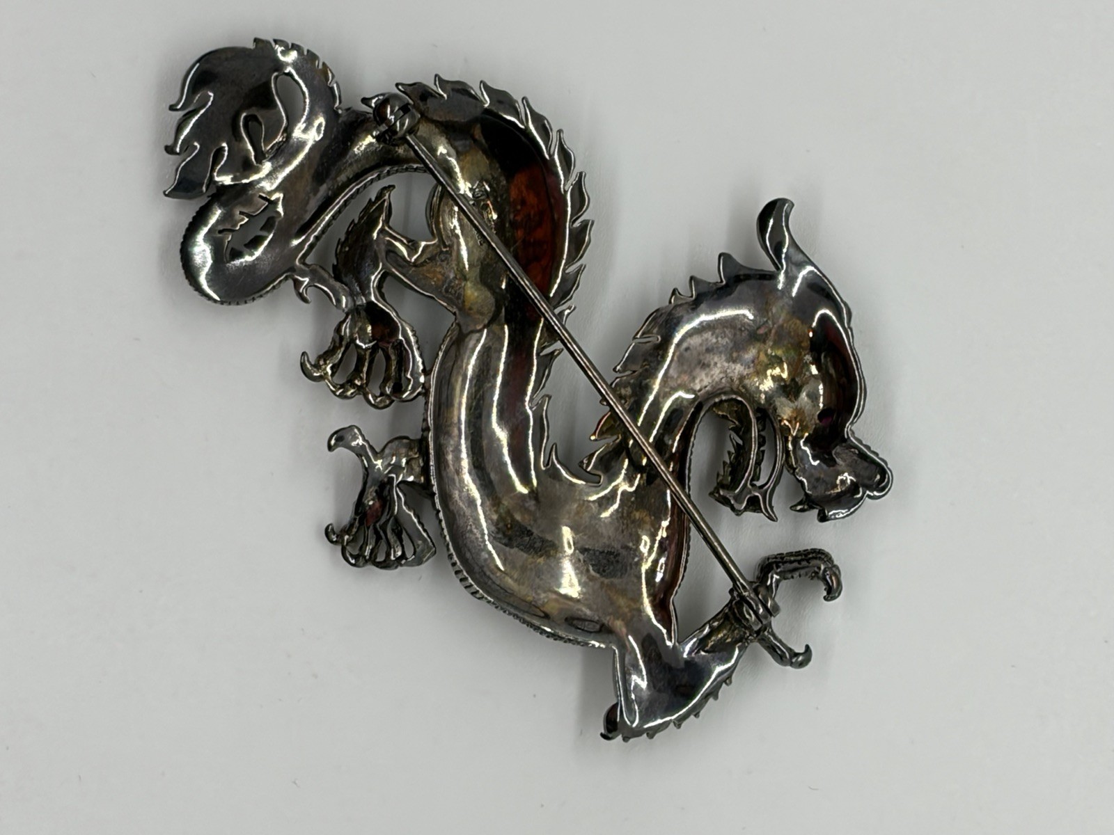 Vintage 925 Sterling Silver Marcasite With Red Eye Chinese Dragon Brooch 25.5G