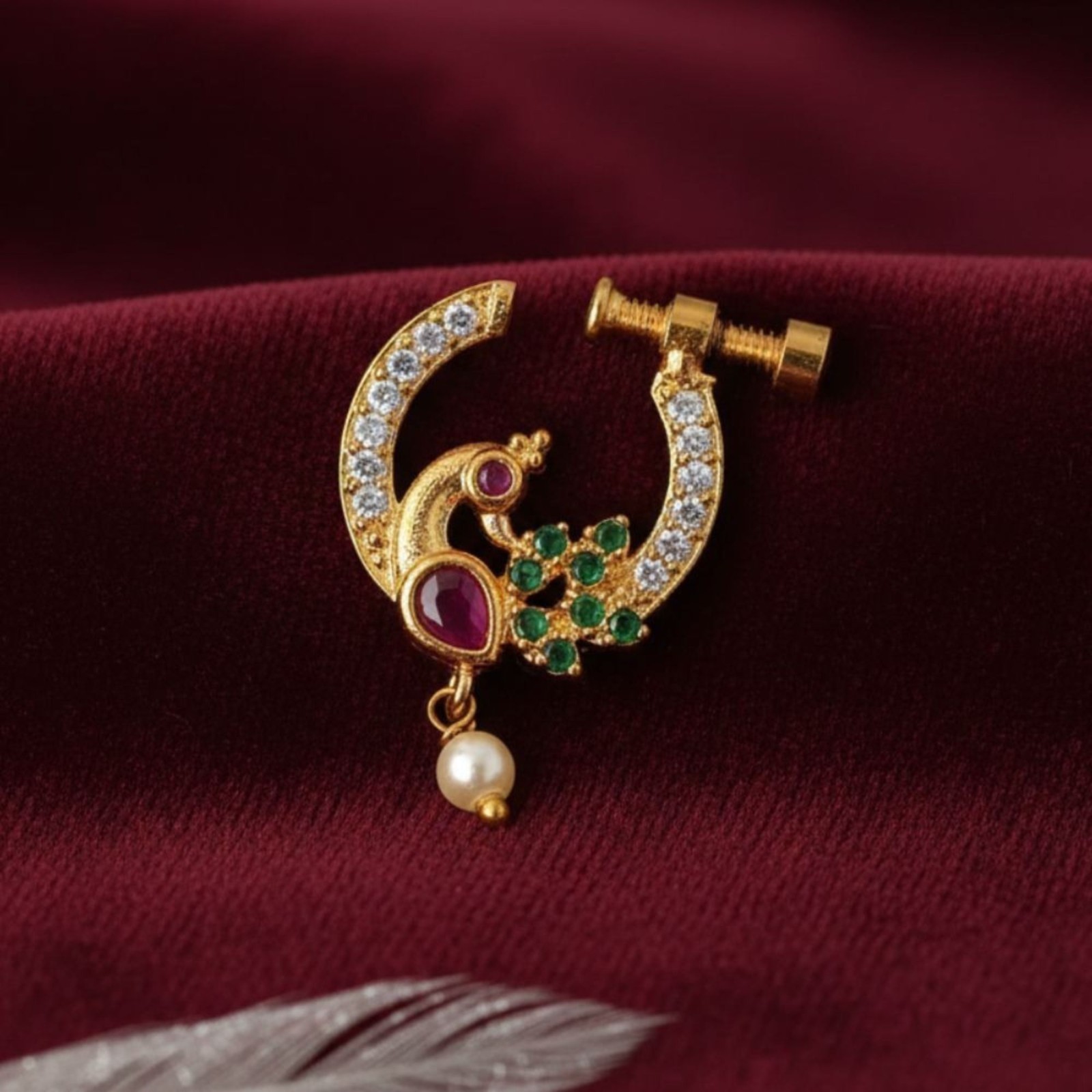Gold Plated CZ Indian Nose Ring Set: Bridal Nath, Non-Piercing Clip On