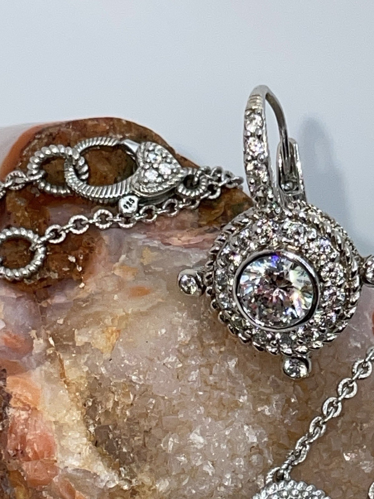 JUDITH RIPKA 925 Sterling Silver C Z Station Chain Pendant Necklace & Earrings